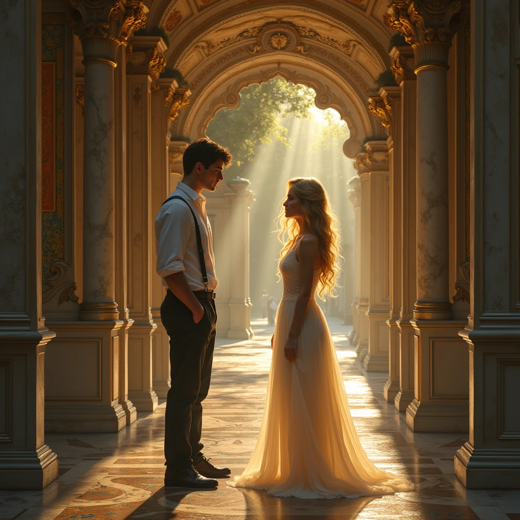Lost in his reveries, Evan was brought back to reality by a gentle touch on his shoulder., followed by a sweet voice, like the whisper of a morning breeze.
Young girl from high school: "I apologize for interrupting your thoughts., but you seem a bit disoriented. Are you new to the Institute by any chance??"
He turned slowly and found himself facing a young woman whose beauty seemed to be in complete harmony with the grandeur of the place.. Her golden hair glistened in the soft light that filled the hallway., each strand a reflection of the perfection that emanated from her. Her pale, flawless skin was almost translucent, like delicate porcelain, and your voice... her voice was a soft chant, a melody that evoked both grace and a certain distant coldness, like an ice flower that blooms in the solitude of winter.