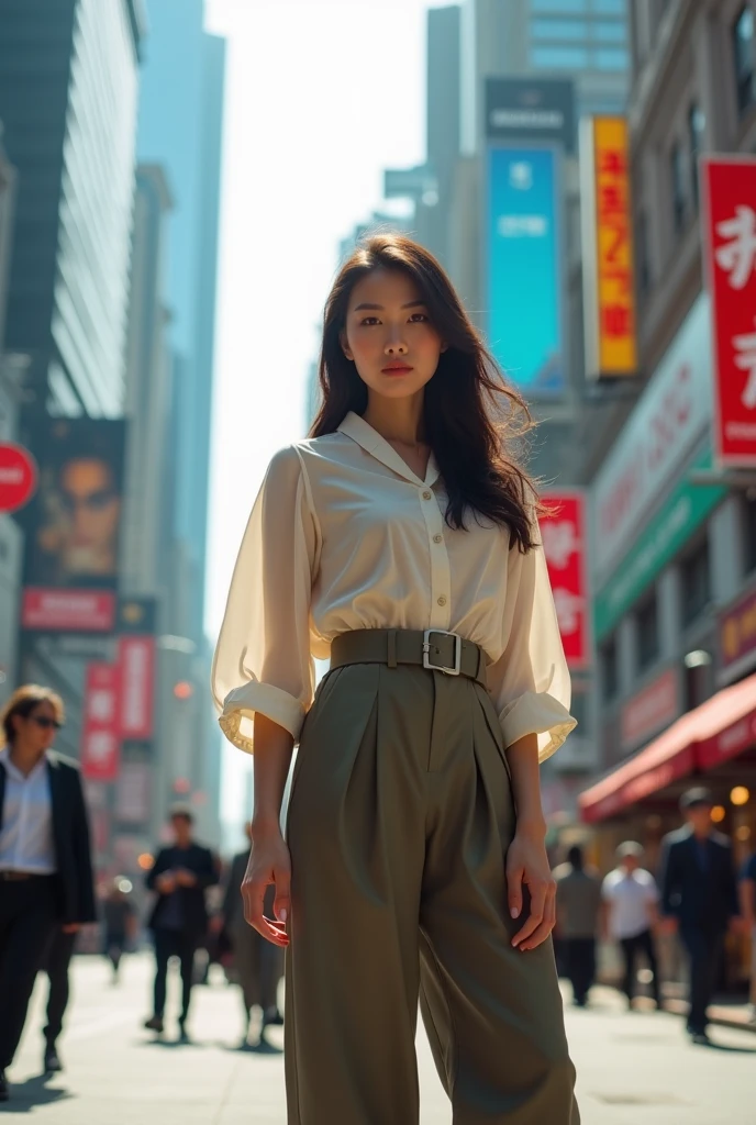 A full-body photo of a beautiful Japanese-Chinese woman in the city, 156 cm tall, slim, stylishly dressed, with beautiful eyes and a distinct facial structure