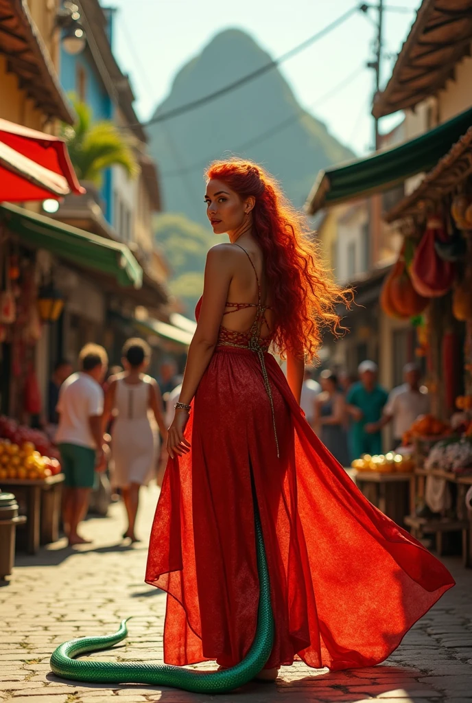 Red-haired snake woman,in Rio de Janeiro wearing red clothes