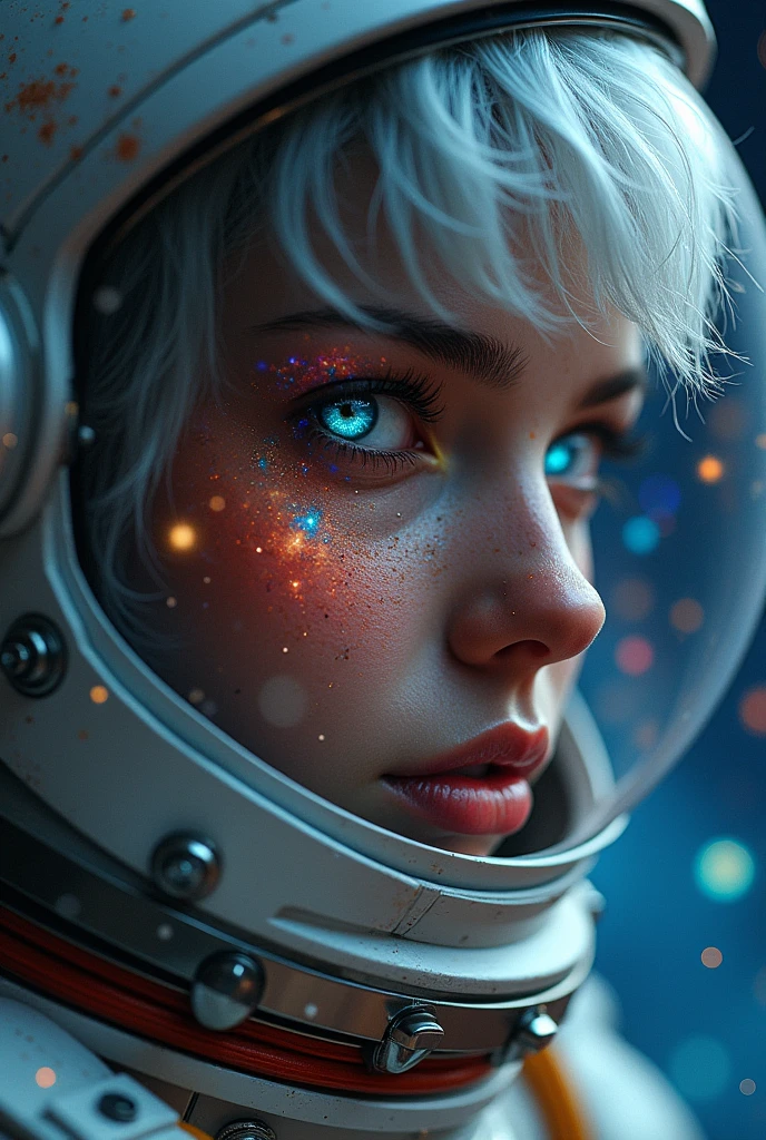 (Close-up of a better masterpiece:1.5)0.9], (Space and astronauts:1.2) (Messy silver hair:1.1) (Heterochromia xanthochromia and blue eyes:1.2) (Space Helmet:1.0) (Colored stars in the eyes:1.0) (A radiant glow:1.1) (thick lips:0.9)