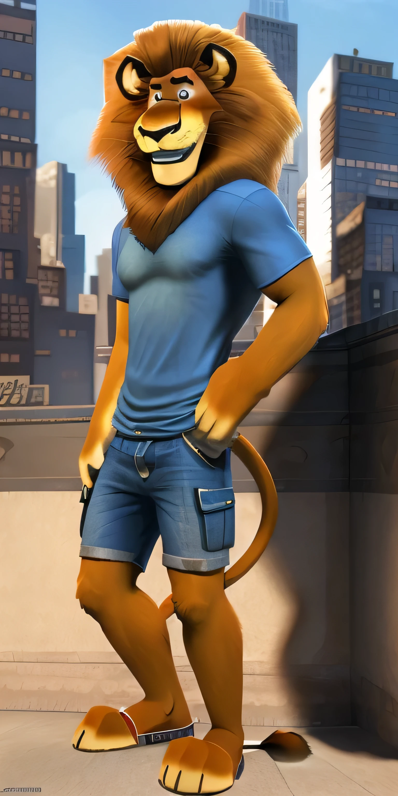 cartoon lion, AlexLion, male, solo, new York background, detailed background,4k, 8k, photorealistic, high res, high-quality lighting, ultrarealistic, realistic fur, detailed fur, perfect hands, detailed hands, realistic eyes, perfect eyes, detailed eyes, white iris, light blue pupil,full body image, pose, feet, standing, smile, friendly look, blue t-shirt, denim cargo shorts, sandals