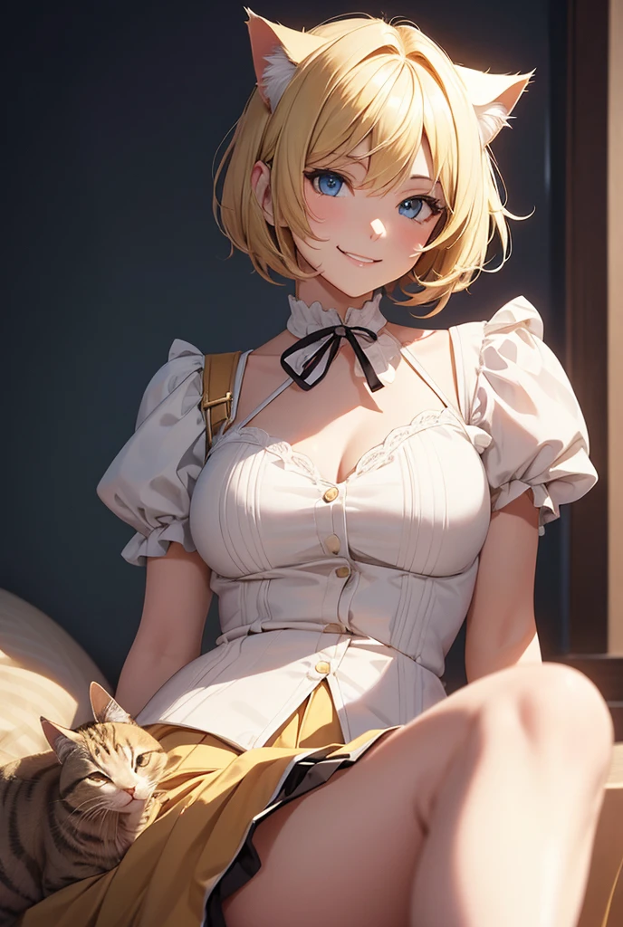High resolution, masterpiece, Highest quality, One person, smile, Blonde, Shortcuts, Cat ear, Simple Background,