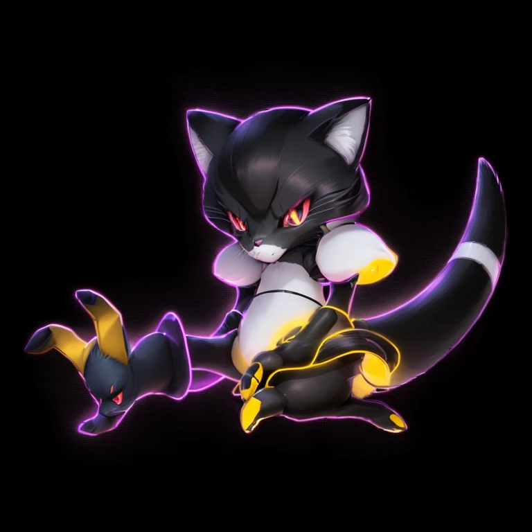 pokemon yellow cat with black eyes and a black collar, renamon, mew, illustration pokemon, shadow, the fox-like evolution pokemon, fennec, official art, inspired by Luma Rouge, mellow, celshaded art, tech art, sly, gelbooru, cel - shaded art style, no tail, tails worn, portrait of zeraora, aggressive pose