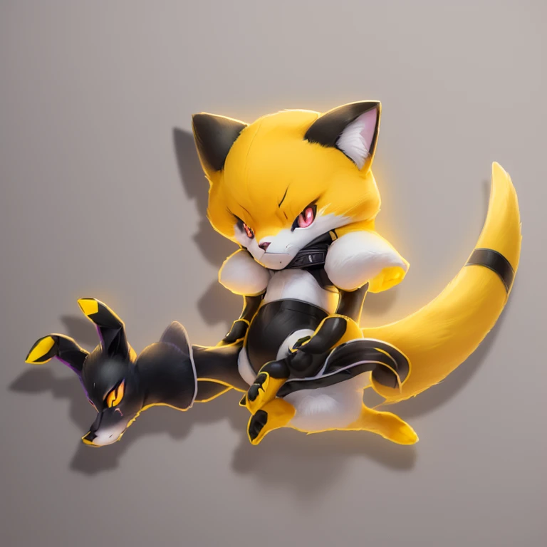 pokemon yellow cat with black eyes and a black collar, renamon, mew, illustration pokemon, shadow, the fox-like evolution pokemon, fennec, official art, inspired by Luma Rouge, mellow, celshaded art, tech art, sly, gelbooru, cel - shaded art style, no tail, tails worn, portrait of zeraora, aggressive pose