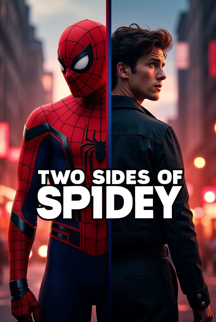 "prompt": "Create a YouTube thumbnail featuring a split-screen effect with Spider-Man on one side in his suit, looking confident and heroic, and on the other side showing his civilian identity, looking worried and human. The color scheme includes bold blacks and reds with high contrast, creating a dramatic effect. The text 'Two Sides of Spidey' is in bold, white font with a black outline, emphasizing the duality of his life."