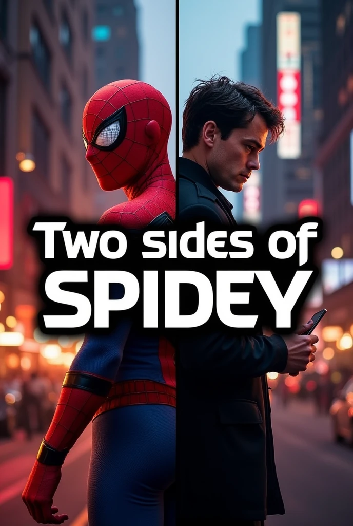 "prompt": "Create a YouTube thumbnail featuring a split-screen effect with Spider-Man on one side in his suit, looking confident and heroic, and on the other side showing his civilian identity, looking worried and human. The color scheme includes bold blacks and reds with high contrast, creating a dramatic effect. The text 'Two Sides of Spidey' is in bold, white font with a black outline, emphasizing the duality of his life."