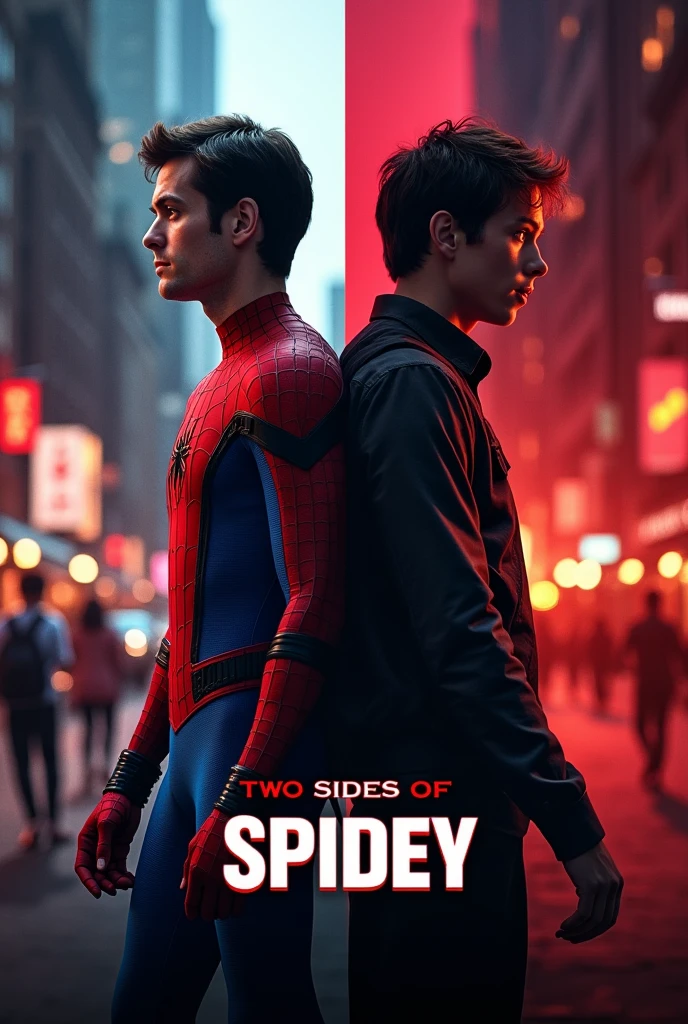 "prompt": "Create a YouTube thumbnail featuring a split-screen effect with Spider-Man on one side in his suit, looking confident and heroic, and on the other side showing his civilian identity, looking worried and human. The color scheme includes bold blacks and reds with high contrast, creating a dramatic effect. The text 'Two Sides of Spidey' is in bold, white font with a black outline, emphasizing the duality of his life."