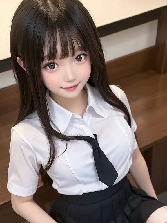 9 years old, elementary school students, full body, best quality, 8K, (Extremely detailed eyes, Extremely detailed face), very cute face, white shirt, black skirt, school uniform, musume san, long hair, bangs, 1 girl,  big breast, in the roo, looking at viewer, low angle, nsfw, smile,