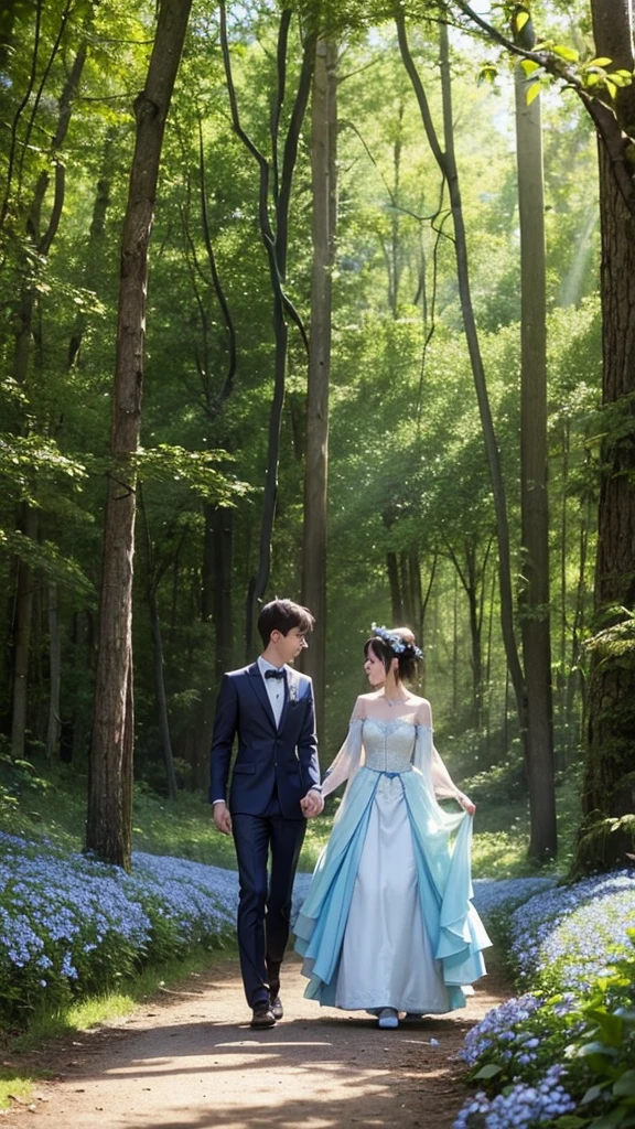 Draw a forest where there are forget-me-not flowers, that in the forest there is only one couple in love, where the girl is dressed in fantasy clothes, and the boy in period clothing like a worker, But I want the boy to be fading away as if he disappeared, but that both are far away 
