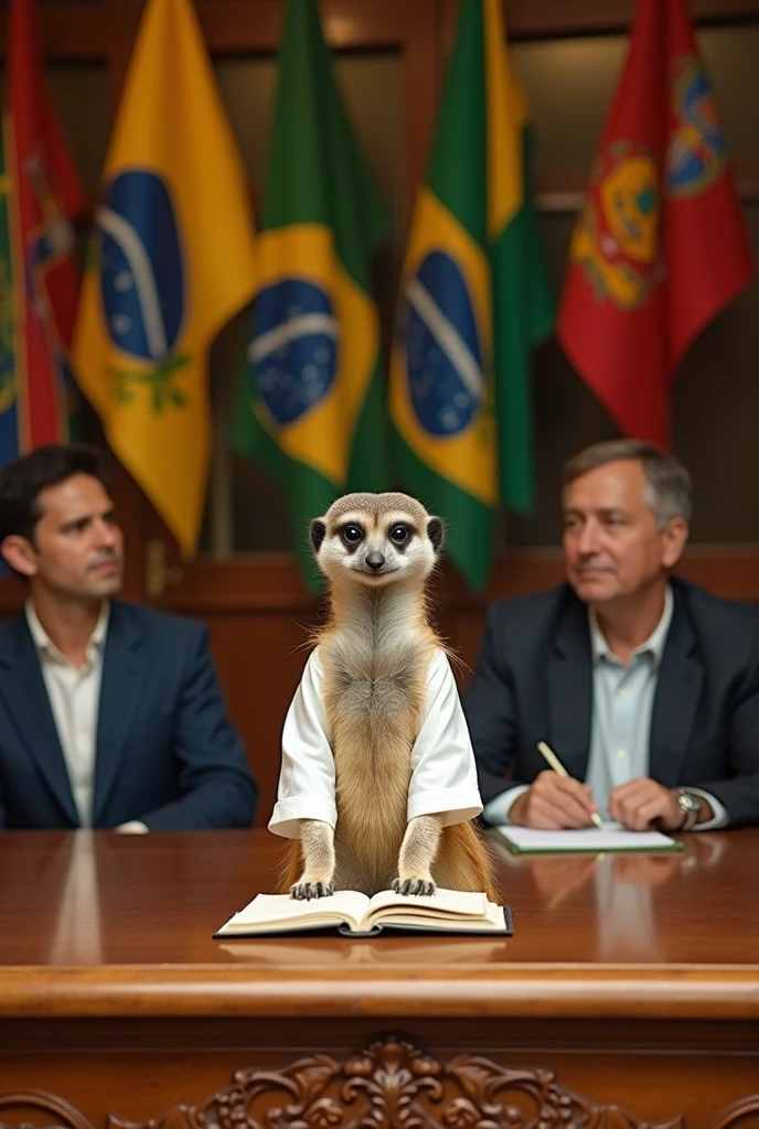 Spectacled Meerkat, white blouse and long hair, standing, writing on the table, looking at the table, with a table behind with two people sitting and flags of the Brazilian states hanging behind. Local formal, long table