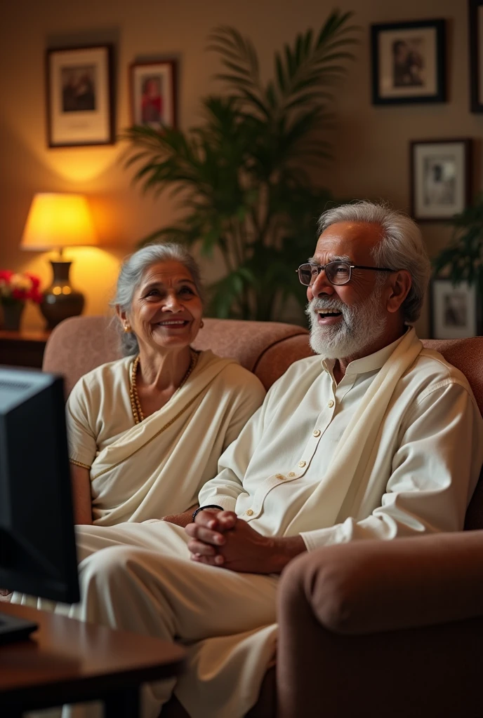 An police commissioner age 50 seated on chair with old indian politician man in white kurta and old lady in white color saree all three seated on chair and watching Tv smilling 