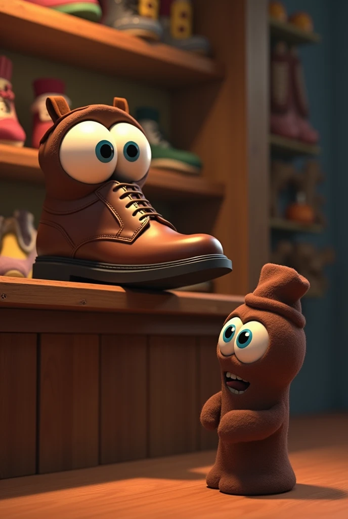 Animated cartoon shoe with eyes and that is dressy and serious and now I want that shoe to be on a shelf where his friend the brown sock with animated blue eyes can see it from below That the dress shoe has eyes