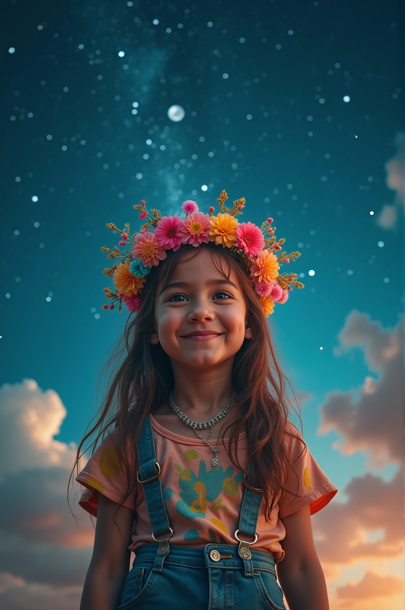 best quality, high_resolution, distinct_image, detailed background , girl, random wear, flower, night sky, dutch angle, wide shot, shy smile, crown,