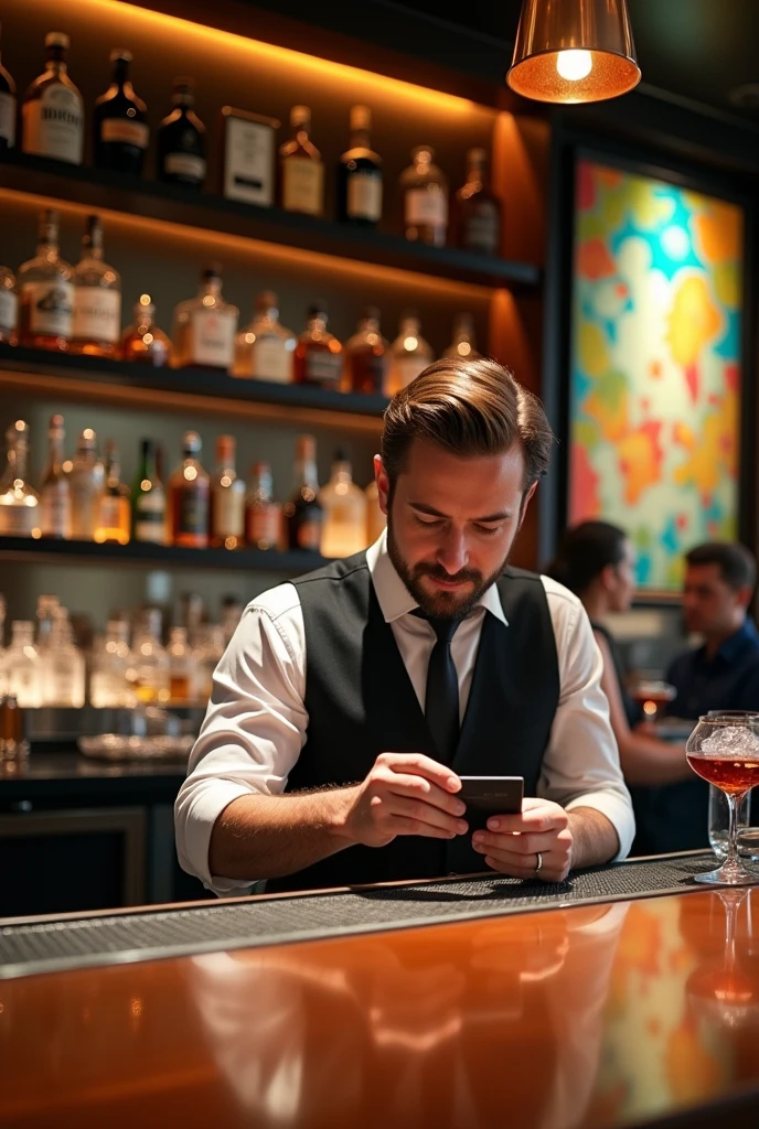 A bartender checking an ID card.in a hotel
