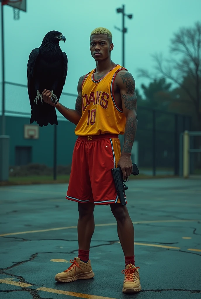 blonde asian guy, standing on the basketball court with many dead bodies, Wear a basketball jersey, hands and feet scars, dangerous look, carry a pistol, carrying a black eagle, blue eyes, black pickled skin
