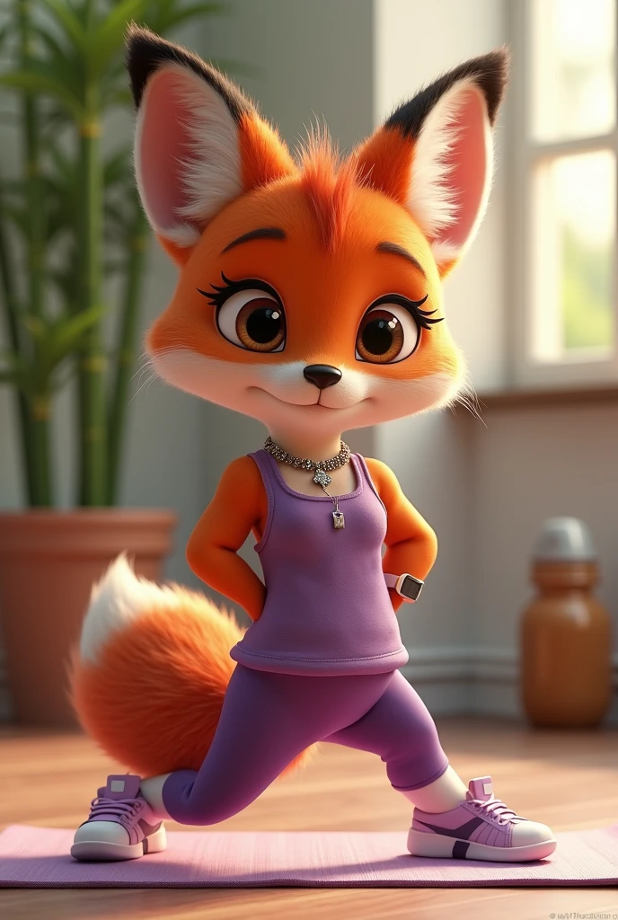 Create a 3D Disney Pixar style young fox named Fluffy, with a look focused on the Health section & Beauty. She should have vibrant orange fur with white spots on her belly and paws., with big, expressive eyes and cute ears. Cute should be dressed and equipped with accessories that reflect a healthy and elegant style:
vestimentas:
A set of purple leggings and a long-sleeved sports top, in a lighter purple tone or with purple accents. Clothing should be made of a breathable, modern material., ideal for health and wellness activities.
Accessories to be included:
A pair of stylish training sneakers, with colors that match the outfit.
A sporty headband in purple or blue, to keep hair in place during physical activities.
A smartwatch with health and fitness monitoring functions.
A stylish water bottle with a modern design, perhaps with a glitter effect or bright colors.
A discreet and elegant necklace, with a water drop pendant or a small leaf, symbolizing connection with nature and well-being.
Fofinha must have an active and healthy posture, perhaps in a pose that suggests stretching or exercise. The background should be an environment that suggests a space of health and beauty., like a modern yoga studio, an elegant academy, or a spa area with natural and relaxing elements.