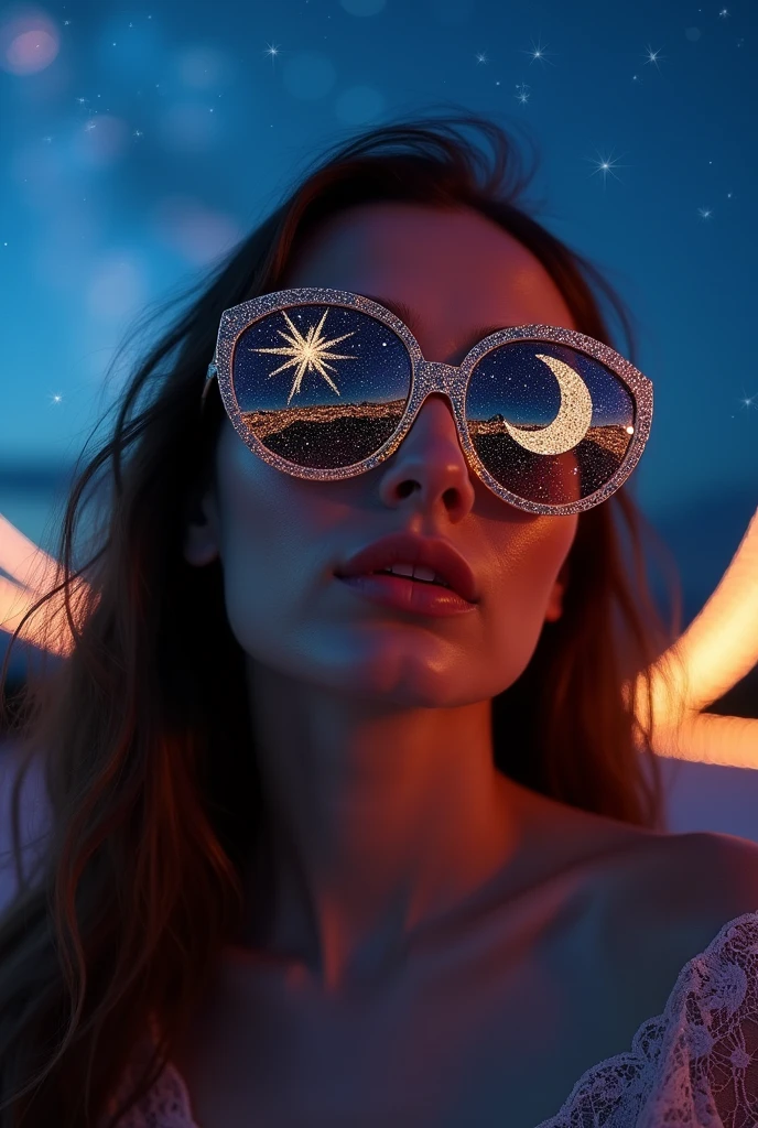The model is wearing glass sunglasses with stars and the moon on the glass