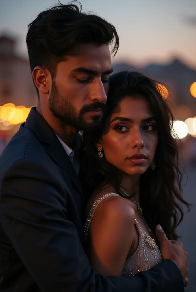 Handsome Man hugging his girlfriend from backside boy looks sad he is tall with fair complexion and girlfriend is beautiful round face
They look sad girlfriend is indian
They both are gorgeous