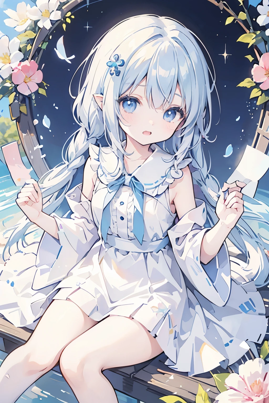 anime、pastel、Very young、child、6 years old、Very short、Open your mouth、Laugh out loud、Showing teeth、Double teeth、pastelホワイトの髪、Stray hair、Braided Short、Flower Hair Ornaments、fluffy ears、Dropped ears、Fluffy tail、azure blue eyes、Odd Eye、Cute eyes、Wide open eyes、Light in your eyes、Cheeky cheeks、Slender body、Light clothing、White dress、Put your arm out、Thighs、Outdoor、Cute Girlfriend、happy、Frolic innocently、Colorful flowers、sit、Flower Field、Tea party