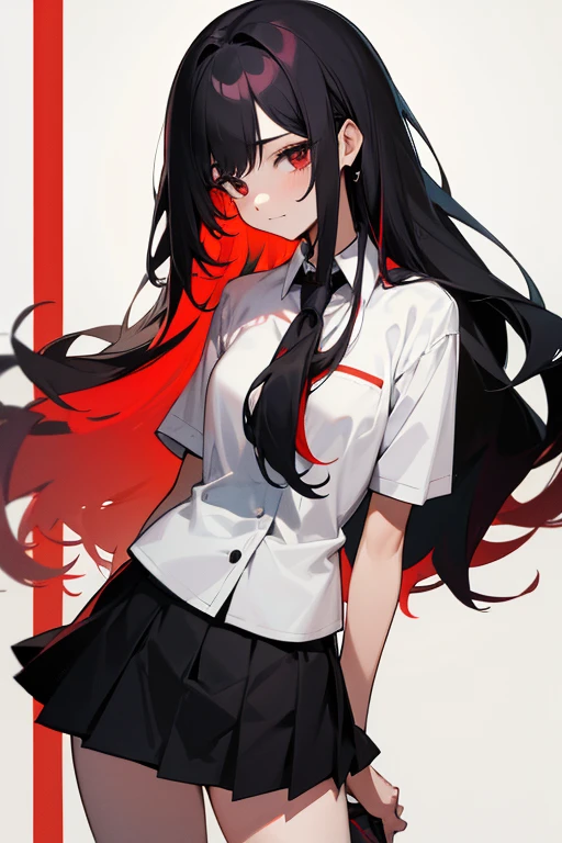 Look at us, two-tone hair, black on the left, red on the right, proud face, long hair, skirt, white shirt, black skirt, A-Line Skirt, let down hair.