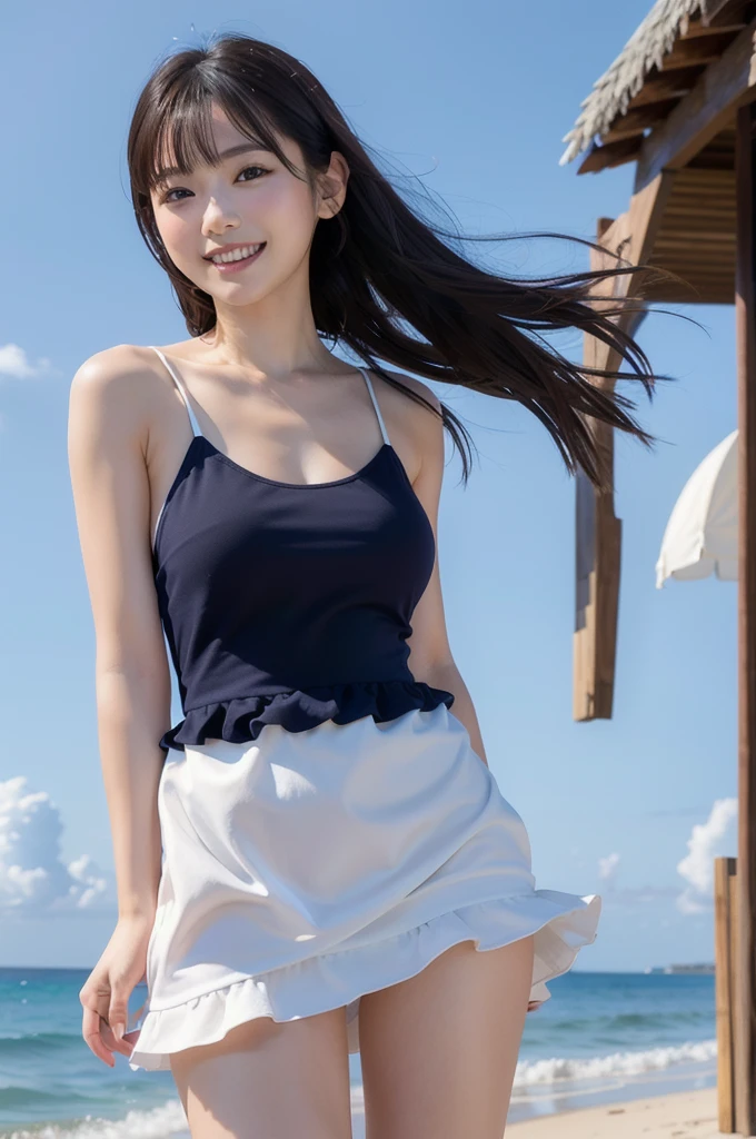 Cute、Large Breasts、whole body、Slim figure、Young Face、Baby Face、White tube top and miniskirt summer dress、An angle that shows the lower body、whole body撮影、Beautiful Skin、Shaggy Ponytail、The skirt flips up in the strong wind and you can see the panties、At the beach、smile、Show me your teeth、High resolution, Anatomically correct, Winner of numerous awards, Textured skin, High-resolution model,