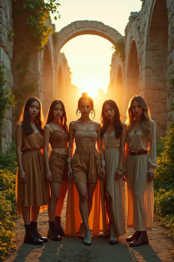 I'm taking photos for a new concept album. Create a concept photo of a girl group posing, with ruins in the background