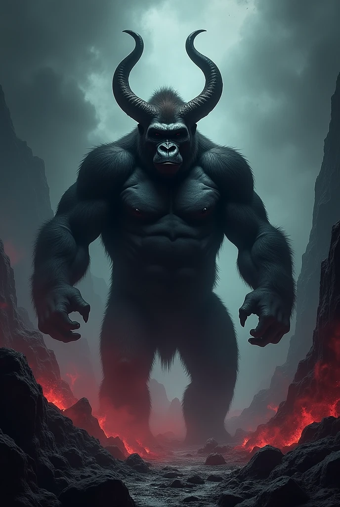 Gorilla with horns and a demonic background 
