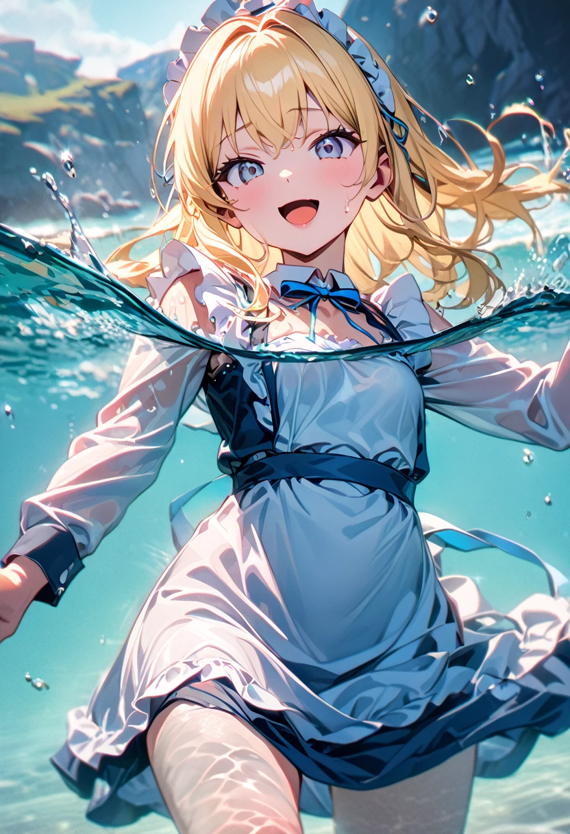 (8k, super high quality, masterpiece), (detailed), One Woman, Small breasts, Blonde, cute, Blue ribbon, Slightly longer length, エプロンdress, Maid clothes, dress, White apron, Long sleeves, Ocean, Bathing, Submerged in clothes, swim, splash, The best smile, Have fun, Splashing water, Like a , Get excited, Mouth open, View your viewers, Soaking wet, 