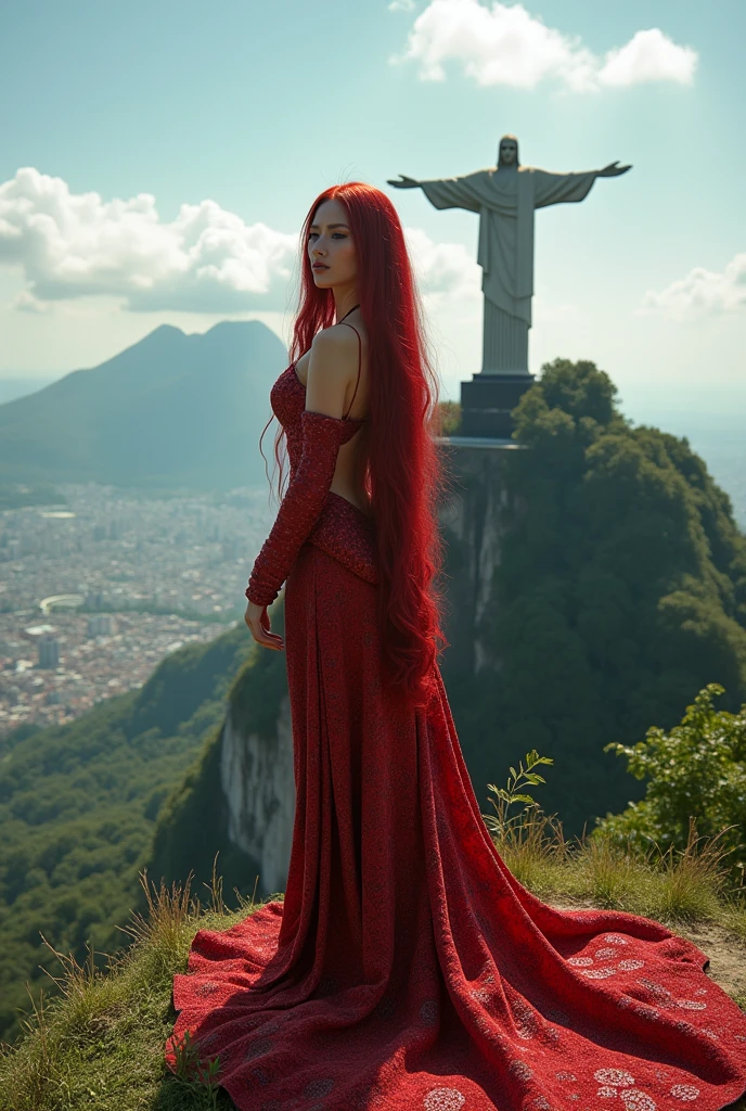 Red-haired snake woman,in Christ the Redeemer with red clothes 