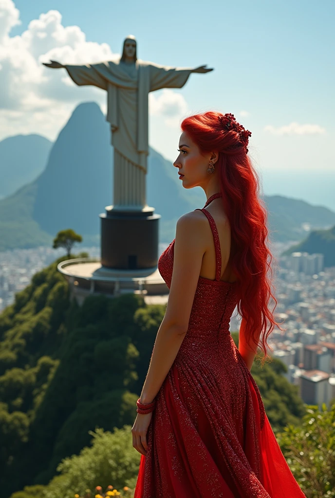 Red-haired snake woman,in Christ the Redeemer with red clothes 