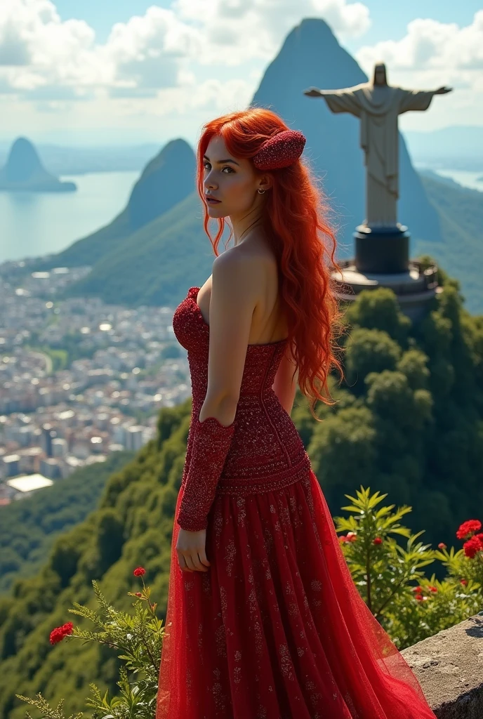 Red-haired snake woman,in Christ the Redeemer with red clothes 
