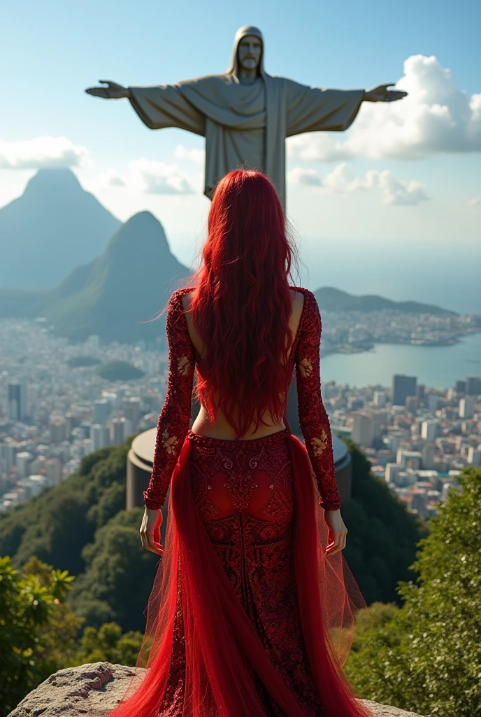 Red-haired snake woman,in Christ the Redeemer with red clothes 