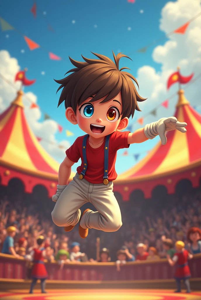 boy of average height, short, straight brown hair, eyes of different colors, one blue and the other orange-red, He's not wearing a shirt, and he's wearing white pants, he's also wearing white gloves, he's in a circus show. anime style.          