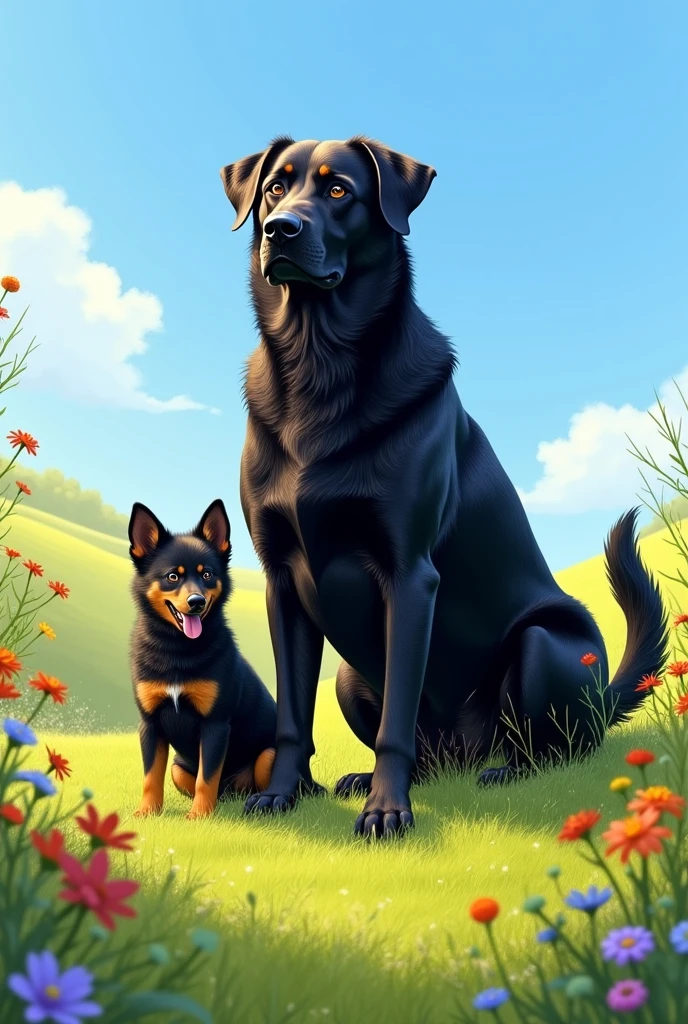 larg black dog and his wife and baby dog