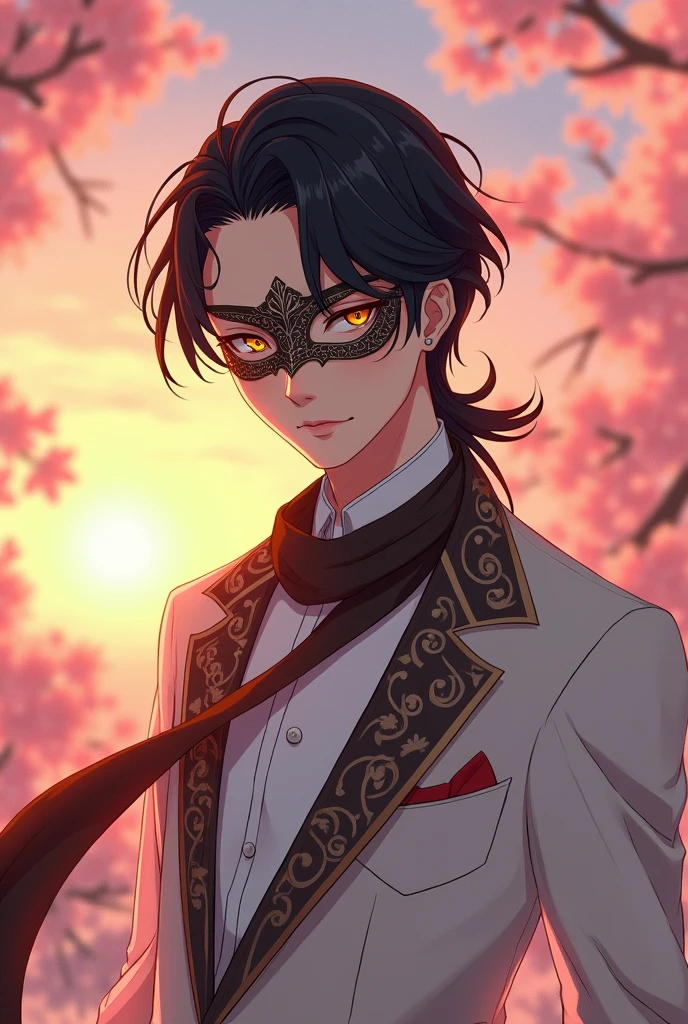 Generate a drawing of a handsome Japanese adult man, with golden eyes, black hair, wearing a chic and beautiful prom suit with lots of details and a loose scarf on the shoulders with light colors, he must be wearing a nice metallic mask. anime styling