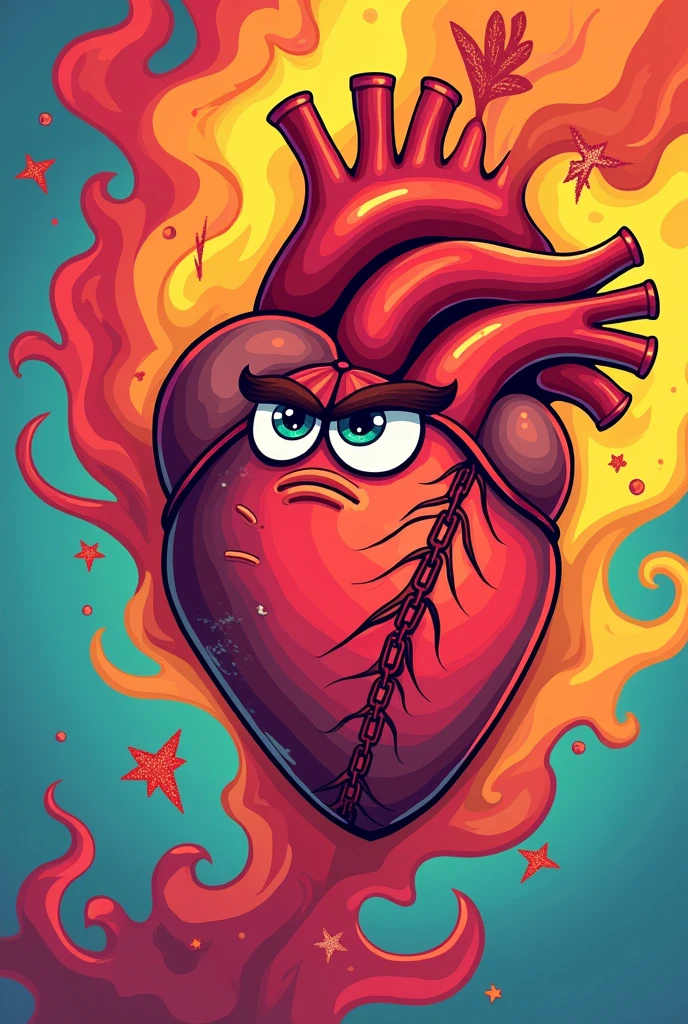 Create an art for a youth congress t-shirt. Write the theme like this " RESIGNATION" 
I want a cartoon human heart with fire smoke