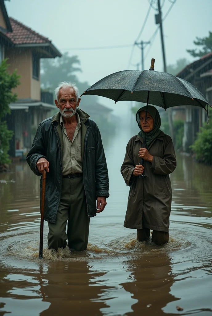 An old man and an old woman in a rain flood 