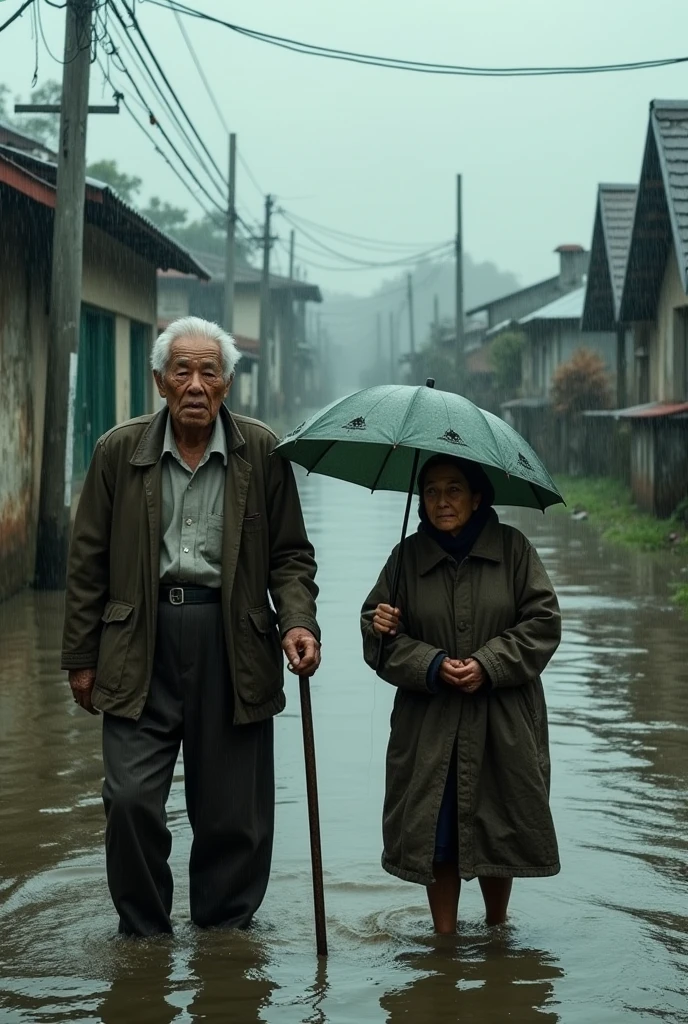 An old man and an old woman in a rain flood