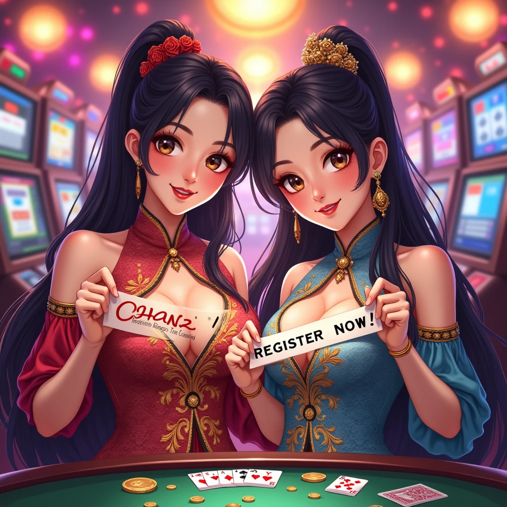 a beautiful two thailand girls wearing traditional dress holding up a sign "CHANG123 REGIST NOW", joyful, happy, photorealistic, oil paintingcasino background, realistic anime, BIG breast cleavage, Standing behind poker table between slot machines, Colourfull, Neon Light,