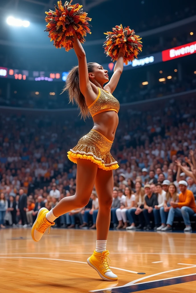 Photorealistic image of a cheerleader during a break in an NBA basketball match, vibrant uniform adorned with sequins sparkling under arena lights, dynamic pose with pom-poms raised high, intricate details of the crowd in the background showcasing excited fans with team merchandise, hardwood court reflecting the bright lights, panoramic view capturing the energy of the game, facial features expressing focus during the performance, captured in a wide-angle lens to emphasize the lively atmosphere and movement.