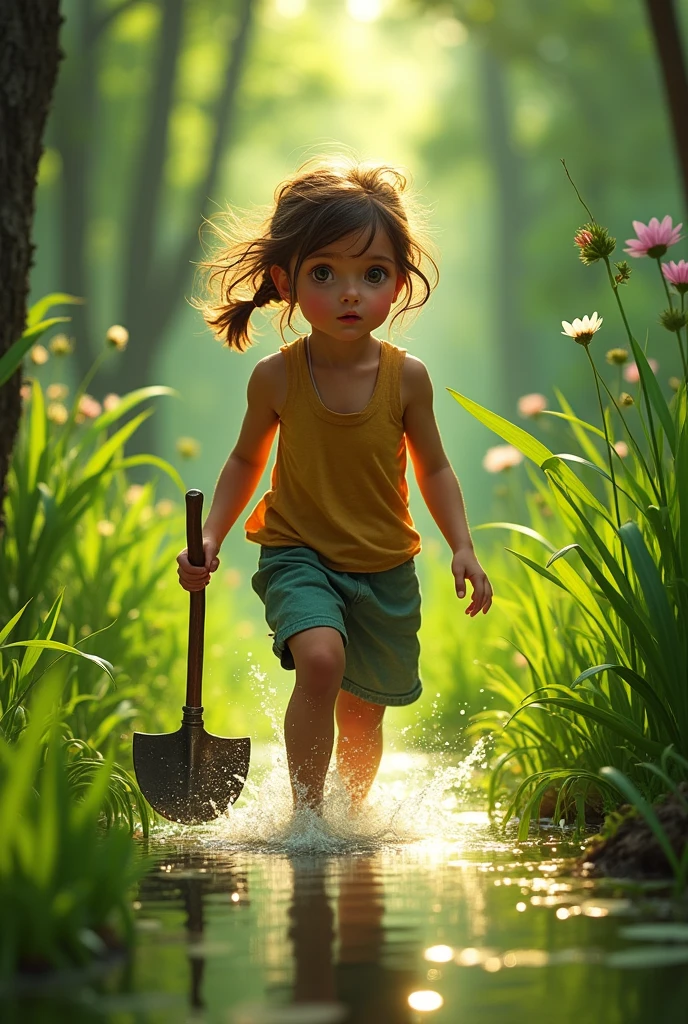 Girl walking on the green swamp，Hand-held mowing sickle，Facing the front
