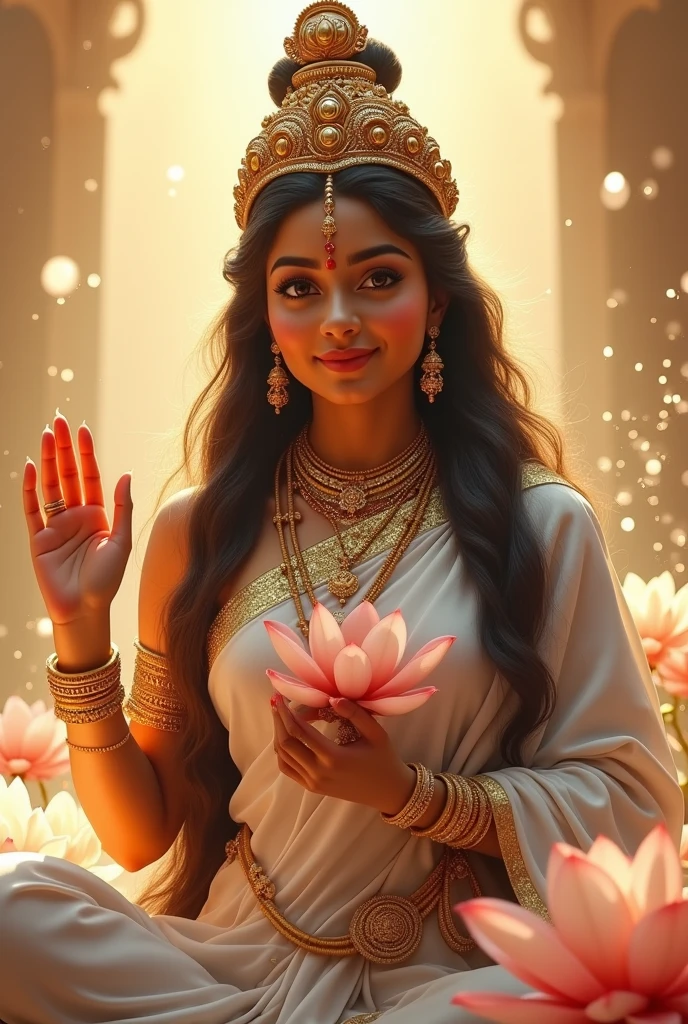 An indian Goddess. Perfectly shaped. Long straight thick hair. White skin with Golden glow. Forehead smeared with red vermillion. Wearing white top and saree having golden boarders. a crown. Adorned with golden ornaments.
Holding lotus in left hand. Right hand in blessing posture.
Dark eyes and thick lips.