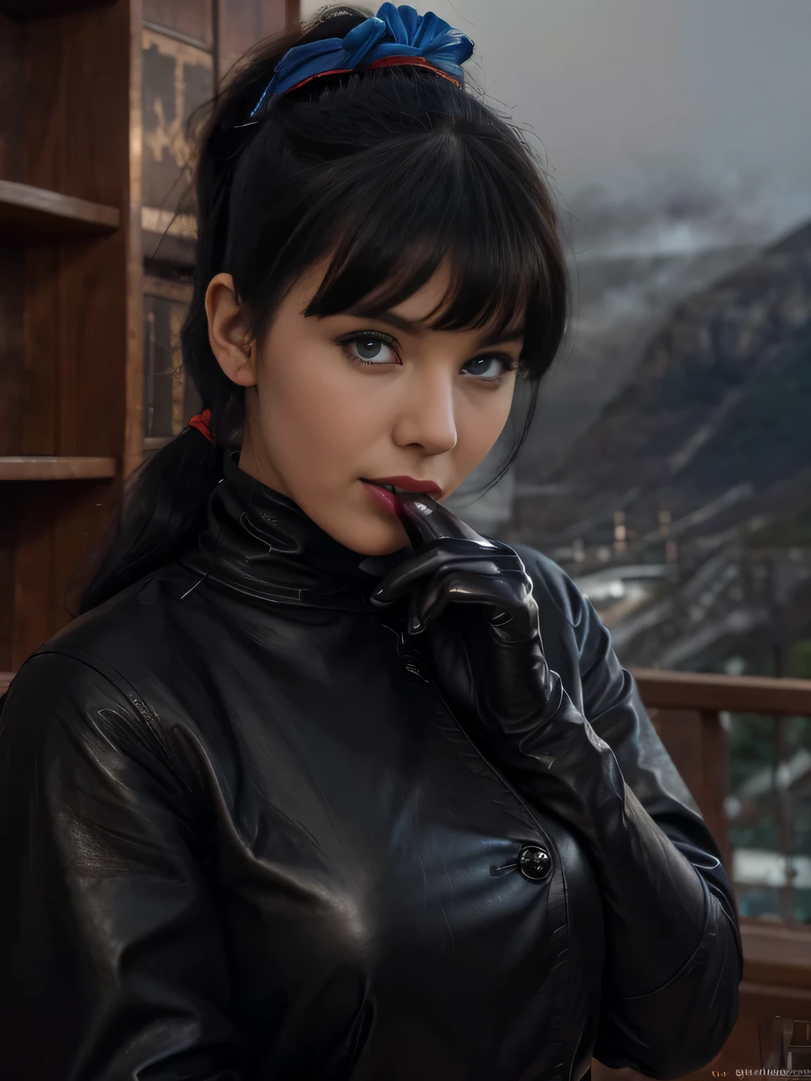 gorgeous betty page looking woman doing a blowjob, she is dressed with a large black cloak over a black leather coat soft black gloves and a skirt on the endge of a montain and the photo is taken from up front,(( ponytail Black hair)), (( incredible clear blue eyes)) sensual gentle smile, gorgeous symmetrical Face, red lipstick,joli maquillage naturel, wearing elegant red cross clothing, she is doing the best blowjob of all her life, ((black leather gloves)), , ultra realistic, art conceptuel, elegant, Very detailed, complexe, sharp Focus, depth oF Field, F/1. 8, 85mm, (((proFessionally color graded))), bright soFt diFFused light, (volumetric Fog), tendance sur Instagram, hdr 4k, 8K
