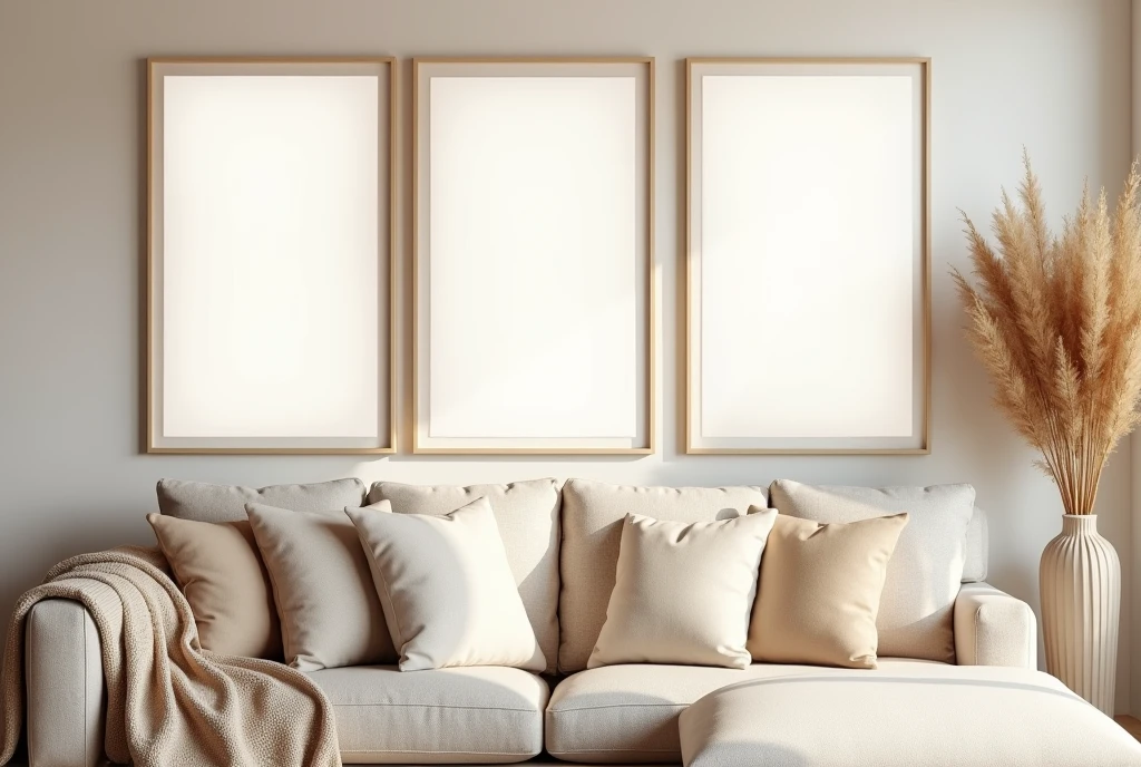 A modern living room scene viewed from a side angle. The room features a comfortable light beige sofa adorned with soft pillows and a cozy blanket draped over one side. Above the sofa, there are three large rectangular frames, evenly spaced and aligned in a row. The frames contain blank white spaces, creating a minimalist look. The glass covering each frame reflects light, giving the frames a realistic, glossy appearance. The wall behind the frames is a clean, light beige, complementing the overall neutral tone of the room. To the right of the sofa, a vase with dried pampas grass adds a touch of nature to the scene, enhancing the cozy and serene atmosphere.