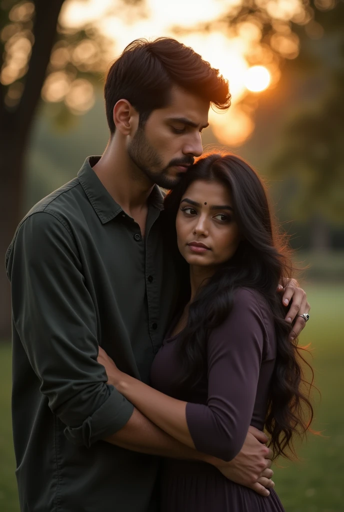 Handsome Man hugging his girlfriend from backside boy looks sad he is tall with fair complexion and girlfriend is beautiful round face 
They look sad girlfriend is indian
They both are gorgeous  make the guy more attractive 