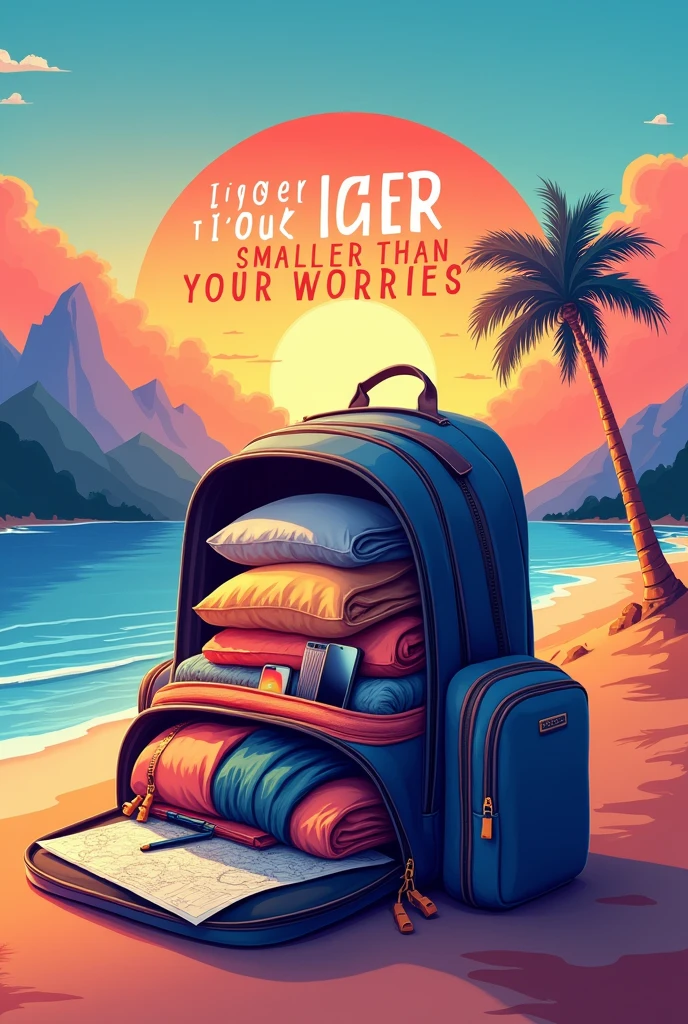 For a modern and colorful ad, you might feature the backpack in the center of the image, open and overflowing with various travel essentials like clothes, gadgets, and a map. Use a bright, dynamic background with abstract shapes or gradients to create a vibrant feel. Overlay the tagline “Bigger than it looks, smaller than your worries” in bold, contemporary typography, possibly with a slight shadow or outline for contrast. MAKE IT FOR TRAVEL BAGPACK. THE BACKGROUND MUST BE BEUTIFUL TRAVEL SCENARI