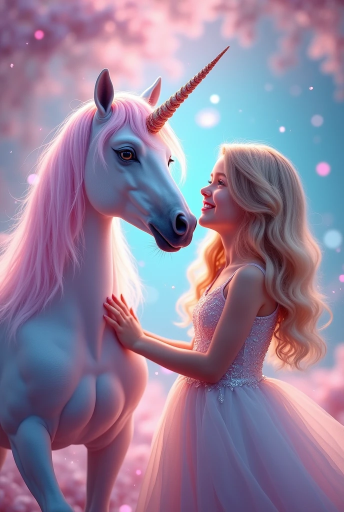 Portrait of a girl with a unicorn. A girl standing next to a unicorn. The girl has long blonde wavy lush hair. The background is fabulous pink blue tones. Flares. Mood Holiday.