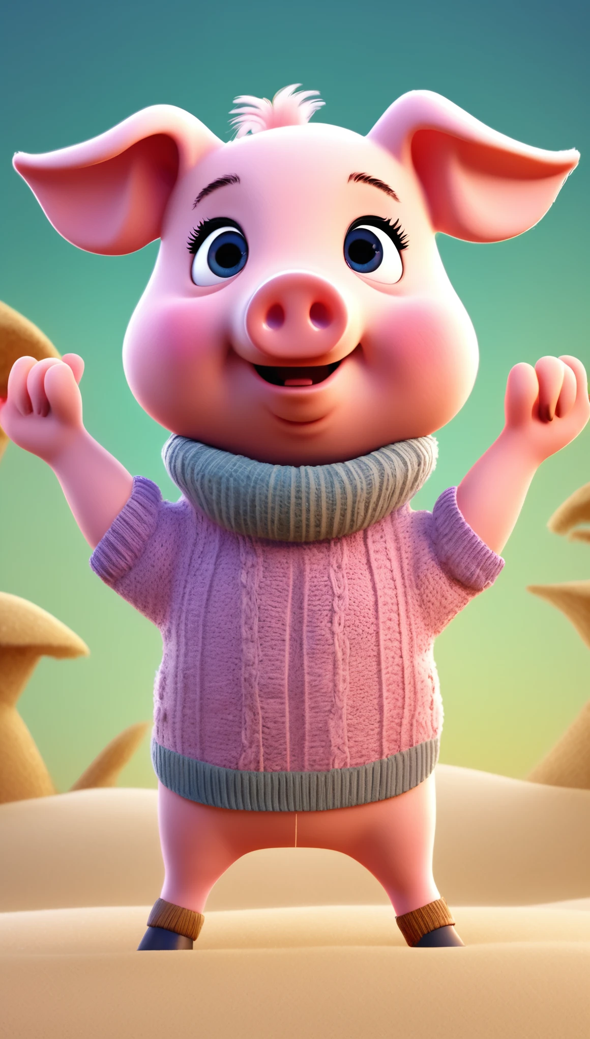 cute pig, cartoon , arms, hands ,cute eyes, looking at viewer, arms up, sweater, close, sand, white, straight