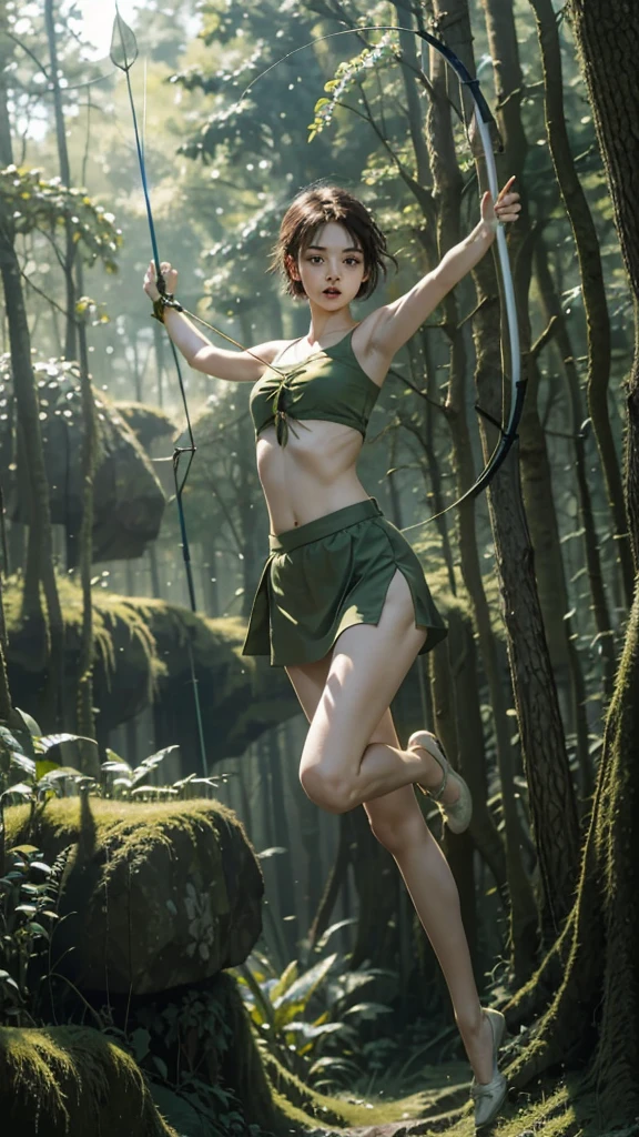 Jump in the forest，Holding a bow and arrow，Wear a green bandeau，green miniskirt，Close-up of a girl with short hair holding a bow and arrow，Full body close-up，Jump into the air，up in the air，Jumping action