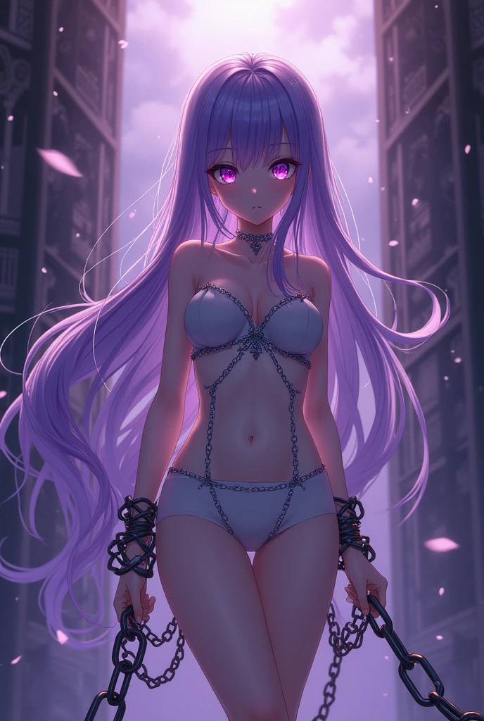 anime girl chained with strong purple filter 

